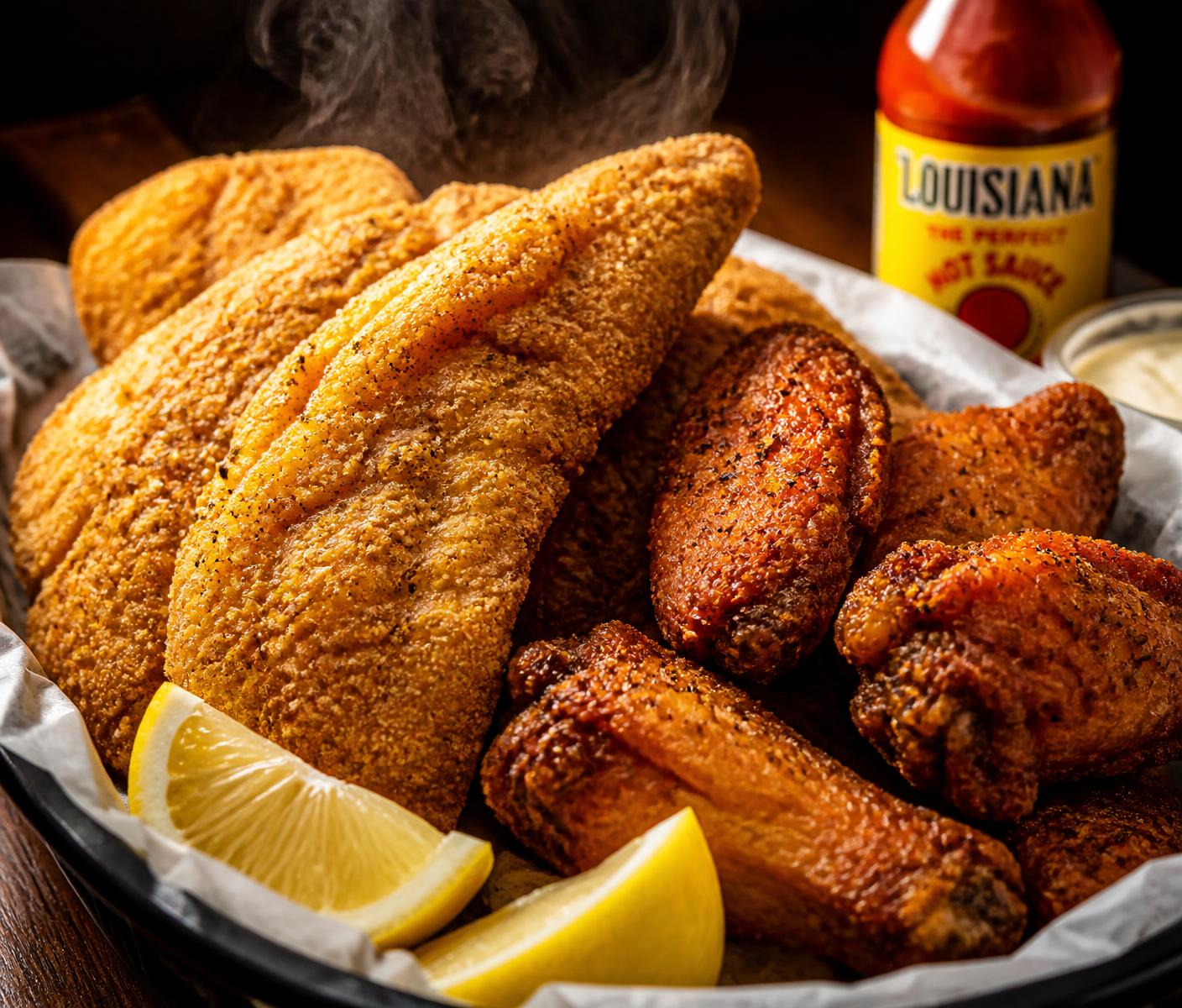 Fried catfish fillets and seasoned chicken wings in a basket with lemon